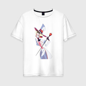 Женская футболка хлопок Oversize с принтом Сатана в Новосибирске, 100% хлопок | свободный крой, круглый ворот, спущенный рукав, длина до линии бедер
 | арт | демон | мультик | мультфильм | падший ангел | рисунок | сатана | улыбка | яблоко
