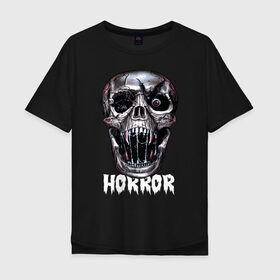 Мужская футболка хлопок Oversize с принтом Horror в Новосибирске, 100% хлопок | свободный крой, круглый ворот, “спинка” длиннее передней части | bat | eye | fangs | fear | grin | halloween | horror | jaw | saliva | skull | teeth | глаз | зубы | клыки | летучая мышь | оскал | пасть | слюна | ужас | хэллоуин | череп