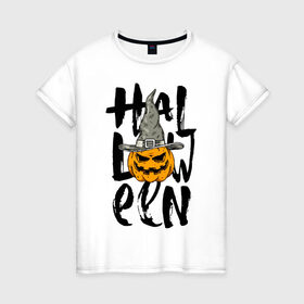 Женская футболка хлопок с принтом Halloween в Новосибирске, 100% хлопок | прямой крой, круглый вырез горловины, длина до линии бедер, слегка спущенное плечо | eyes | halloween | hat | jaw | pumpkin | smile | глаза | пасть | тыква | улыбка | хэллоуин | шляпа