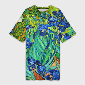 Платье-футболка 3D с принтом Ирисы Ван Гога в Новосибирске,  |  | vangogh | арт | вангог | ветки | винсент | девушкам | импрессионизм | ирисы | искусство | картина | лепестки | летние | лето | листья | масло | пейзаж | поле | природа | растения | рисунок | сад | солнце