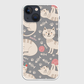 Чехол для iPhone 13 mini с принтом Милые кошечки в Новосибирске,  |  | арт | венок | клубок | клубок ниток | клубочек | кот | кошечка | кошка | кошка в венке | кошка играет | лапки | милая кошечка | милая кошка | отпечатки | отпечатки лап | рисунок | рыбка | серая кошка