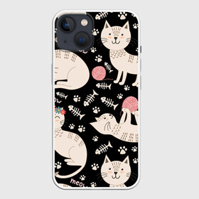 Чехол для iPhone 13 с принтом Милые кошечки в Новосибирске,  |  | арт | венок | клубок | клубок ниток | клубочек | кот | котёнок | котята | кошечка | кошка | кошка в венке | кошка играет | лапки | милая кошечка | милая кошка | отпечатки | отпечатки лап | рисунок | рыбка
