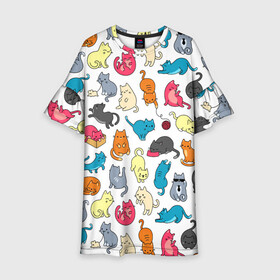 Детское платье 3D с принтом Кошачья стая в Новосибирске, 100% полиэстер | прямой силуэт, чуть расширенный к низу. Круглая горловина, на рукавах — воланы | арт | белый | желтый | кот | коты | кошка | кошки | красный | рисунок | розовый | рыжий | серый | синий | цветные коты | цветные кошки | черный