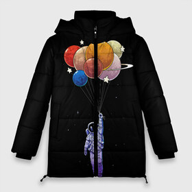 Женская зимняя куртка 3D с принтом Космонавт с воздушными шарами в Новосибирске, верх — 100% полиэстер; подкладка — 100% полиэстер; утеплитель — 100% полиэстер | длина ниже бедра, силуэт Оверсайз. Есть воротник-стойка, отстегивающийся капюшон и ветрозащитная планка. 

Боковые карманы с листочкой на кнопках и внутренний карман на молнии | Тематика изображения на принте: космонавт | космос | невесомость | планеты | шары