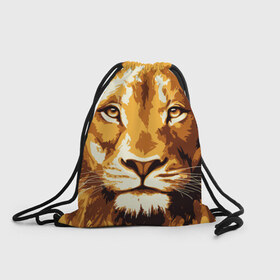 Рюкзак-мешок 3D с принтом Взгляд льва в Новосибирске, 100% полиэстер | плотность ткани — 200 г/м2, размер — 35 х 45 см; лямки — толстые шнурки, застежка на шнуровке, без карманов и подкладки | арт | грива | деко | жедтая | животные | закат | зверей | золото | кошка | лев | лето | львенок | неоновая | очки | пляж | прайд | разноцветная | солнце | тигр | узоры | царь | яркие