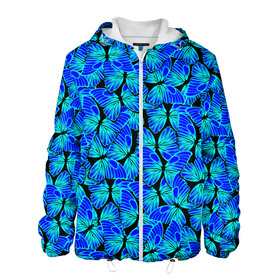 Мужская куртка 3D с принтом Голубые бабочки в Новосибирске, ткань верха — 100% полиэстер, подклад — флис | прямой крой, подол и капюшон оформлены резинкой с фиксаторами, два кармана без застежек по бокам, один большой потайной карман на груди. Карман на груди застегивается на липучку | Тематика изображения на принте: angel | butterfly | pattern | summer | wings | ангел | бабочка | бабочки | животные | крылышки | крылья | летающие | летние | магия | махаон | мотылек | насекомые | небесные | неон | неоновые | паттерн | природа