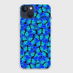 Чехол для iPhone 13 с принтом Голубые бабочки в Новосибирске,  |  | angel | butterfly | pattern | summer | wings | ангел | бабочка | бабочки | животные | крылышки | крылья | летающие | летние | магия | махаон | мотылек | насекомые | небесные | неон | неоновые | паттерн | природа