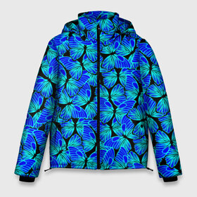 Мужская зимняя куртка 3D с принтом Голубые бабочки в Новосибирске, верх — 100% полиэстер; подкладка — 100% полиэстер; утеплитель — 100% полиэстер | длина ниже бедра, свободный силуэт Оверсайз. Есть воротник-стойка, отстегивающийся капюшон и ветрозащитная планка. 

Боковые карманы с листочкой на кнопках и внутренний карман на молнии. | angel | butterfly | pattern | summer | wings | ангел | бабочка | бабочки | животные | крылышки | крылья | летающие | летние | магия | махаон | мотылек | насекомые | небесные | неон | неоновые | паттерн | природа