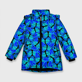 Зимняя куртка для девочек 3D с принтом Голубые бабочки в Новосибирске, ткань верха — 100% полиэстер; подклад — 100% полиэстер, утеплитель — 100% полиэстер. | длина ниже бедра, удлиненная спинка, воротник стойка и отстегивающийся капюшон. Есть боковые карманы с листочкой на кнопках, утяжки по низу изделия и внутренний карман на молнии. 

Предусмотрены светоотражающий принт на спинке, радужный светоотражающий элемент на пуллере молнии и на резинке для утяжки. | angel | butterfly | pattern | summer | wings | ангел | бабочка | бабочки | животные | крылышки | крылья | летающие | летние | магия | махаон | мотылек | насекомые | небесные | неон | неоновые | паттерн | природа