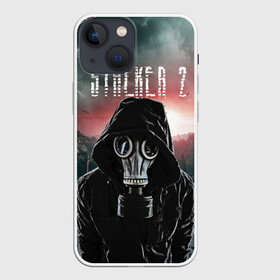 Чехол для iPhone 13 mini с принтом Stalker 2 Зона в Новосибирске,  |  | chernobyl | атмосфера | атмосферная | аэс | в противогазе | вторая часть | выброс | выход | выхода | дата | ждалкер | зона | лого | молнии | мрак | надпись | отчуждения | пейзаж | противогаз | солдат | сталкер