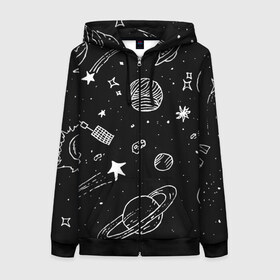Женская толстовка 3D на молнии с принтом Cosmos в Новосибирске, 100% полиэстер | длина до линии бедра, манжеты и пояс оформлены мягкой тканевой резинкой, двухслойный капюшон со шнурком для регулировки, спереди молния, по бокам два кармана | comet | cosmos | moon | planet | satellite | saturn | space | star | weightlessness | звезда | комета | космос | луна | невесомость | планета | сатурн | спутник