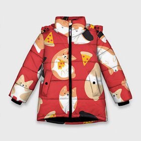 Зимняя куртка для девочек 3D с принтом Корги и пицца в Новосибирске, ткань верха — 100% полиэстер; подклад — 100% полиэстер, утеплитель — 100% полиэстер. | длина ниже бедра, удлиненная спинка, воротник стойка и отстегивающийся капюшон. Есть боковые карманы с листочкой на кнопках, утяжки по низу изделия и внутренний карман на молнии. 

Предусмотрены светоотражающий принт на спинке, радужный светоотражающий элемент на пуллере молнии и на резинке для утяжки. | Тематика изображения на принте: арт | валяния | игра | корги | пицца | рисунок | рыжий | собака | собаки | спина | чёрный