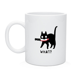 Кружка с принтом WHAT & CAT в Новосибирске, керамика | объем — 330 мл, диаметр — 80 мм. Принт наносится на бока кружки, можно сделать два разных изображения | Тематика изображения на принте: art | black | black cat | cat | dark | dark cat | what | what cat | what mem | арт | вопрос | интернет мем | кот | кот арт | кот мем | кошачье лицо | кошачья мордочка | мем | нож | прикол | прикольный кот | убица | чёрный | чёрный кот