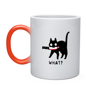 Кружка хамелеон с принтом WHAT & CAT в Новосибирске, керамика | меняет цвет при нагревании, емкость 330 мл | art | black | black cat | cat | dark | dark cat | what | what cat | what mem | арт | вопрос | интернет мем | кот | кот арт | кот мем | кошачье лицо | кошачья мордочка | мем | нож | прикол | прикольный кот | убица | чёрный | чёрный кот