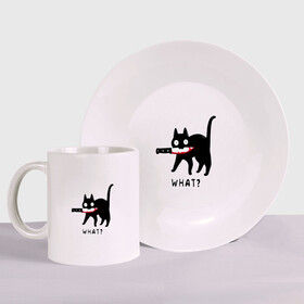 Набор: тарелка + кружка с принтом WHAT & CAT в Новосибирске, керамика | Кружка: объем — 330 мл, диаметр — 80 мм. Принт наносится на бока кружки, можно сделать два разных изображения. 
Тарелка: диаметр - 210 мм, диаметр для нанесения принта - 120 мм. | art | black | black cat | cat | dark | dark cat | what | what cat | what mem | арт | вопрос | интернет мем | кот | кот арт | кот мем | кошачье лицо | кошачья мордочка | мем | нож | прикол | прикольный кот | убица | чёрный | чёрный кот