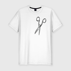 Мужская футболка премиум с принтом Ножницы в Новосибирске, 92% хлопок, 8% лайкра | приталенный силуэт, круглый вырез ворота, длина до линии бедра, короткий рукав | волосы | ножницы | прически. коллаж | стричь