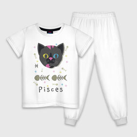 Детская пижама хлопок с принтом Pisces в Новосибирске, 100% хлопок |  брюки и футболка прямого кроя, без карманов, на брюках мягкая резинка на поясе и по низу штанин
 | horoscope | pisces | гороскоп | знак | зодиак | зодиака | кот | рыба | рыбы | скелет