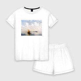Женская пижама с шортиками хлопок с принтом картина Айвазовского в Новосибирске, 100% хлопок | футболка прямого кроя, шорты свободные с широкой мягкой резинкой | айвазовский | корабль | море | облака | рисунок