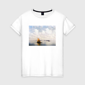 Женская футболка хлопок с принтом картина Айвазовского в Новосибирске, 100% хлопок | прямой крой, круглый вырез горловины, длина до линии бедер, слегка спущенное плечо | айвазовский | корабль | море | облака | рисунок