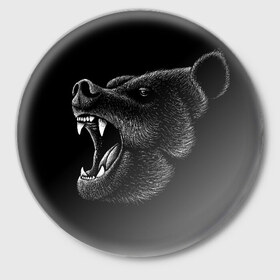 Значок с принтом Черный медведь в Новосибирске,  металл | круглая форма, металлическая застежка в виде булавки | art | bear | bears | drawing | russian | siberia | siberian | арт | белый | бурый | злой | зубы | косолапый | медведь | мелками | мелком | мелом | мех | миша | мишка | нарисованный | пасть | потапыч | рисунок | русский | рык | рычит