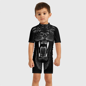 Детский купальный костюм 3D с принтом Черная пантера в Новосибирске, Полиэстер 85%, Спандекс 15% | застежка на молнии на спине | big | black | cat | danger | jungle | king | leopard | panter | panther | picture | большая | большой | джунглей | джунгли | зубы | король | кот | кошка | леопард | мелками | опасная | опасный | охотник | пантера | пасть | рисунок | хищник | 