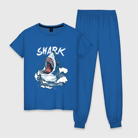 Женская пижама хлопок с принтом Злая акула в Новосибирске, 100% хлопок | брюки и футболка прямого кроя, без карманов, на брюках мягкая резинка на поясе и по низу штанин | Тематика изображения на принте: angry | big | evil | jaws | predator | scary | shark | storm | wave | waves | white | акула | акулы | белая | большая | волна | волны | выпрыгивает | злая | зубы | из воды | море | океан | охотник | пасть | плотоядная | рот | страшная | хищни