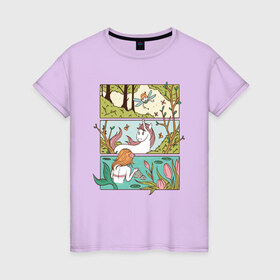 Женская футболка хлопок с принтом Зачарованный лес в Новосибирске, 100% хлопок | прямой крой, круглый вырез горловины, длина до линии бедер, слегка спущенное плечо | comics | comix | enchanted | fairy | forest | mermaid | unicorn | бабочка | в лесу | единорог | единорожка | зачарованный | иллюстрация | комикс | красивая | лес | лесная | лесной | миф | мифические | природа | русалка