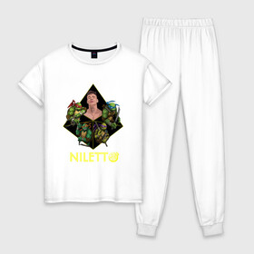 Женская пижама хлопок с принтом NILETTO в Новосибирске, 100% хлопок | брюки и футболка прямого кроя, без карманов, на брюках мягкая резинка на поясе и по низу штанин | niletto | клип | любимка | нилетто | песни | песня любимка | рэп