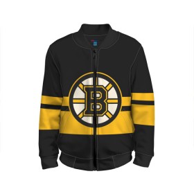 Детский бомбер 3D с принтом BOSTON BRUINS NHL в Новосибирске, 100% полиэстер | застегивается на молнию, по бокам два кармана без застежек, мягкие манжеты, по низу бомбера и на воротнике — эластичная резинка | black | boston | bruins | hockey | ice | logo | nhl | sport | usa | бостон | брюинз | логотип | нхл | спорт | хоккей