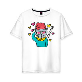 Женская футболка хлопок Oversize с принтом Влюбленный кот-хипстер в Новосибирске, 100% хлопок | свободный крой, круглый ворот, спущенный рукав, длина до линии бедер
 | 