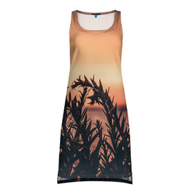 Платье-майка 3D с принтом Трава растение закат силуэт в Новосибирске, 100% полиэстер | полуприлегающий силуэт, широкие бретели, круглый вырез горловины, удлиненный подол сзади. | закат | кусты | лето | на каждый день | природа | рассвет | растение | свет | силуэт