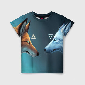 Детская футболка 3D с принтом ЛИСА И ВОЛК(D) в Новосибирске, 100% гипоаллергенный полиэфир | прямой крой, круглый вырез горловины, длина до линии бедер, чуть спущенное плечо, ткань немного тянется | wolf | волк | волки | волчица | животные | одинокий волк