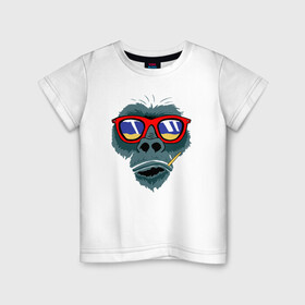 Детская футболка хлопок с принтом Голова обезьяны в Новосибирске, 100% хлопок | круглый вырез горловины, полуприлегающий силуэт, длина до линии бедер | взгляд | голова | джунгли | дикие | животные | зверь | кингконг | король | крутые | мачо | море | мужчинам | обезьяна | обезьянка | орангутанг | отдых | очки | пацанские | пляж | прикольные | примат