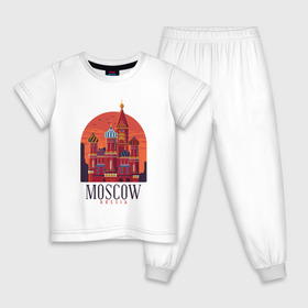 Детская пижама хлопок с принтом Moscow Москва в Новосибирске, 100% хлопок |  брюки и футболка прямого кроя, без карманов, на брюках мягкая резинка на поясе и по низу штанин
 | Тематика изображения на принте: basil | church | city | kremlin | moscow | russia | saint | st basil church | symbol | василия блаженного | город | города | достопримечательности | достопримечательность | красная площадь | кремль | москва | отдых | россия | символ