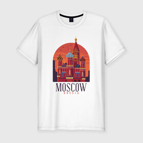 Мужская футболка премиум с принтом Moscow Москва в Новосибирске, 92% хлопок, 8% лайкра | приталенный силуэт, круглый вырез ворота, длина до линии бедра, короткий рукав | basil | church | city | kremlin | moscow | russia | saint | st basil church | symbol | василия блаженного | город | города | достопримечательности | достопримечательность | красная площадь | кремль | москва | отдых | россия | символ