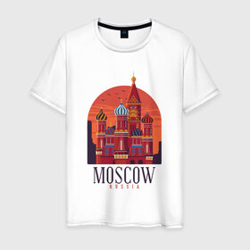 Мужская футболка хлопок с принтом Moscow Москва в Новосибирске, 100% хлопок | прямой крой, круглый вырез горловины, длина до линии бедер, слегка спущенное плечо. | basil | church | city | kremlin | moscow | russia | saint | st basil church | symbol | василия блаженного | город | города | достопримечательности | достопримечательность | красная площадь | кремль | москва | отдых | россия | символ