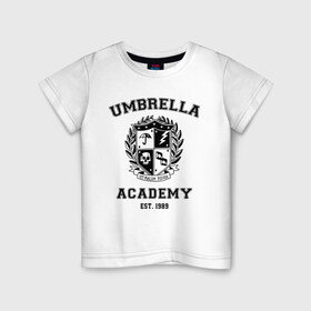 Детская футболка хлопок с принтом The Umbrella Academy в Новосибирске, 100% хлопок | круглый вырез горловины, полуприлегающий силуэт, длина до линии бедер | Тематика изображения на принте: the umbrella academy | umbrella | академия амбрелла | амбрелла | герб | зонтик