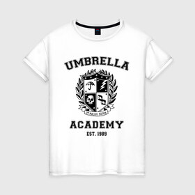 Женская футболка хлопок с принтом The Umbrella Academy в Новосибирске, 100% хлопок | прямой крой, круглый вырез горловины, длина до линии бедер, слегка спущенное плечо | the umbrella academy | umbrella | академия амбрелла | амбрелла | герб | зонтик