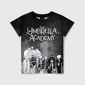 Детская футболка 3D с принтом The Umbrella Academy в Новосибирске, 100% гипоаллергенный полиэфир | прямой крой, круглый вырез горловины, длина до линии бедер, чуть спущенное плечо, ткань немного тянется | the umbrella academy | umbrella | академия амбрелла | амбрелла | герб | зонтик