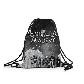 Рюкзак-мешок 3D с принтом The Umbrella Academy в Новосибирске, 100% полиэстер | плотность ткани — 200 г/м2, размер — 35 х 45 см; лямки — толстые шнурки, застежка на шнуровке, без карманов и подкладки | the umbrella academy | umbrella | академия амбрелла | амбрелла | герб | зонтик