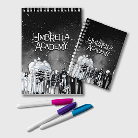 Блокнот с принтом The Umbrella Academy в Новосибирске, 100% бумага | 48 листов, плотность листов — 60 г/м2, плотность картонной обложки — 250 г/м2. Листы скреплены удобной пружинной спиралью. Цвет линий — светло-серый
 | the umbrella academy | umbrella | академия амбрелла | амбрелла | герб | зонтик