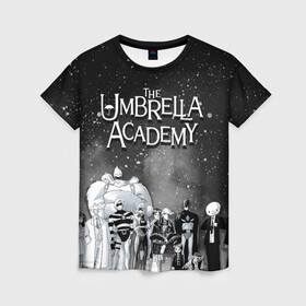 Женская футболка 3D с принтом The Umbrella Academy в Новосибирске, 100% полиэфир ( синтетическое хлопкоподобное полотно) | прямой крой, круглый вырез горловины, длина до линии бедер | the umbrella academy | umbrella | академия амбрелла | амбрелла | герб | зонтик