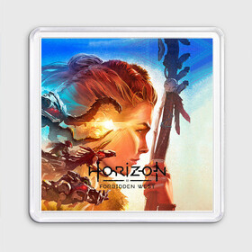 Магнит 55*55 с принтом Horizon Forbidden West в Новосибирске, Пластик | Размер: 65*65 мм; Размер печати: 55*55 мм | Тематика изображения на принте: aloy | guerrilla games | horizon forbidden west | hunt | zero dawn | горизонт | запретный запад | игры | нулевой рассвет | охота | элой