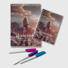 Блокнот с принтом Horizon Forbidden West в Новосибирске, 100% бумага | 48 листов, плотность листов — 60 г/м2, плотность картонной обложки — 250 г/м2. Листы скреплены удобной пружинной спиралью. Цвет линий — светло-серый
 | Тематика изображения на принте: aloy | guerrilla games | horizon forbidden west | hunt | zero dawn | горизонт | запретный запад | игры | нулевой рассвет | охота | элой