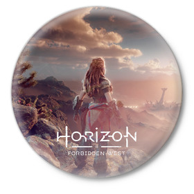 Значок с принтом Horizon Forbidden West в Новосибирске,  металл | круглая форма, металлическая застежка в виде булавки | aloy | guerrilla games | horizon forbidden west | hunt | zero dawn | горизонт | запретный запад | игры | нулевой рассвет | охота | элой