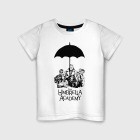 Детская футболка хлопок с принтом Академия Амбрелла в Новосибирске, 100% хлопок | круглый вырез горловины, полуприлегающий силуэт, длина до линии бедер | the umbrella academy | umbrella | академия амбрелла | амбрелла | герб | зонтик