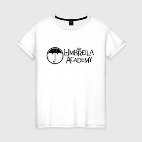Женская футболка хлопок с принтом Академия Амбрелла в Новосибирске, 100% хлопок | прямой крой, круглый вырез горловины, длина до линии бедер, слегка спущенное плечо | the umbrella academy | umbrella | академия амбрелла | амбрелла | герб | зонтик