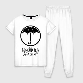 Женская пижама хлопок с принтом Академия Амбрелла в Новосибирске, 100% хлопок | брюки и футболка прямого кроя, без карманов, на брюках мягкая резинка на поясе и по низу штанин | the umbrella academy | umbrella | академия амбрелла | амбрелла | герб | зонтик