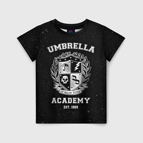 Детская футболка 3D с принтом Академия Амбрелла в Новосибирске, 100% гипоаллергенный полиэфир | прямой крой, круглый вырез горловины, длина до линии бедер, чуть спущенное плечо, ткань немного тянется | the umbrella academy | umbrella | академия амбрелла | амбрелла | герб | зонтик