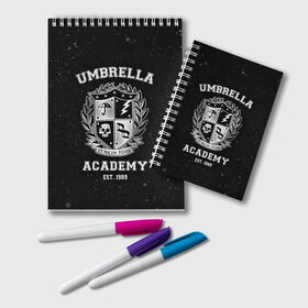Блокнот с принтом Академия Амбрелла в Новосибирске, 100% бумага | 48 листов, плотность листов — 60 г/м2, плотность картонной обложки — 250 г/м2. Листы скреплены удобной пружинной спиралью. Цвет линий — светло-серый
 | the umbrella academy | umbrella | академия амбрелла | амбрелла | герб | зонтик